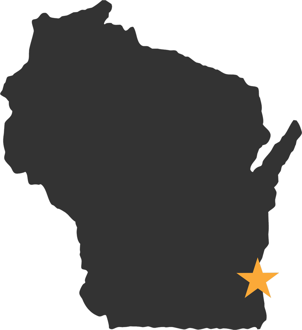 Menomonee Falls, Wisconsin location marked with an orange star on a dark silhouette map of the state.